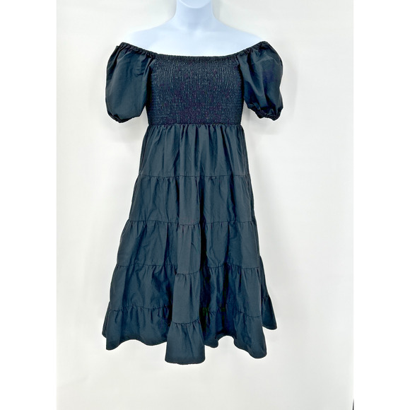 Cottagecore Black Puff Sleeve Midi Dress Medium Smocked Bodice Tiered Romantic - Picture 1 of 9